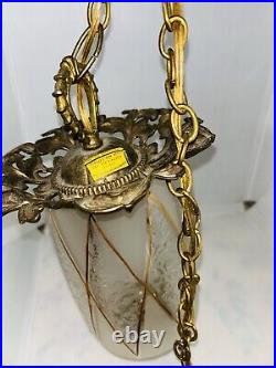Vintage Hollywood Regency Glass Swag Hanging Lamp with Golden Accents MCM
