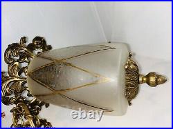 Vintage Hollywood Regency Glass Swag Hanging Lamp with Golden Accents MCM