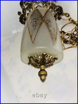 Vintage Hollywood Regency Glass Swag Hanging Lamp with Golden Accents MCM