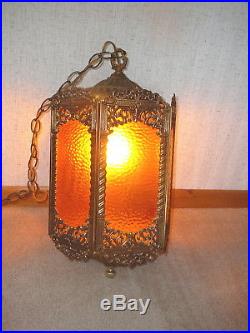 Vintage Hollywood Regency Gold Filigree & Amber Glass Hexagon Hanging Swag Lamp