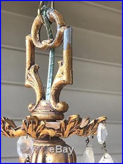 Vintage Hollywood Regency Gold Ivory Drum Swag Lamp Prism Gems Hanging Chain LB