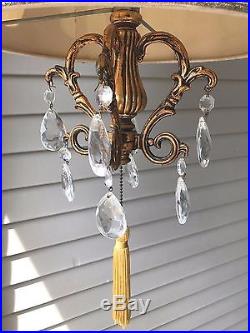 Vintage Hollywood Regency Gold Ivory Drum Swag Lamp Prism Gems Hanging Chain LB