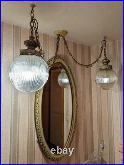 Vintage Hollywood Regency Hanging Double Swag Lamp Light Ribbed Glass Globes