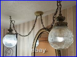 Vintage Hollywood Regency Hanging Double Swag Lamp Light Ribbed Glass Globes
