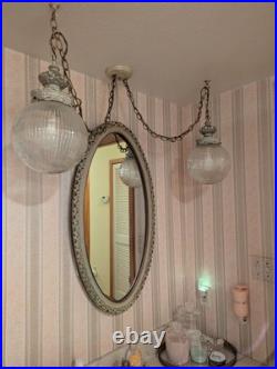 Vintage Hollywood Regency Hanging Double Swag Lamp Light Ribbed Glass Globes