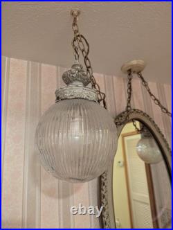 Vintage Hollywood Regency Hanging Double Swag Lamp Light Ribbed Glass Globes