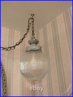Vintage Hollywood Regency Hanging Double Swag Lamp Light Ribbed Glass Globes