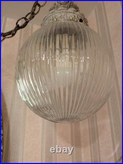 Vintage Hollywood Regency Hanging Double Swag Lamp Light Ribbed Glass Globes