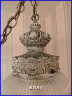 Vintage Hollywood Regency Hanging Double Swag Lamp Light Ribbed Glass Globes