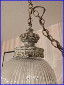 Vintage Hollywood Regency Hanging Double Swag Lamp Light Ribbed Glass Globes