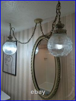 Vintage Hollywood Regency Hanging Double Swag Lamp Light Ribbed Glass Globes