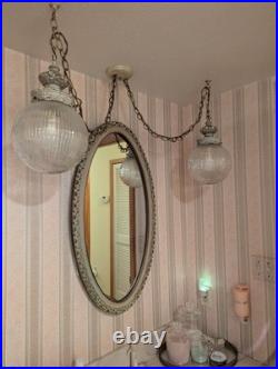 Vintage Hollywood Regency Hanging Double Swag Lamp Light Ribbed Glass Globes