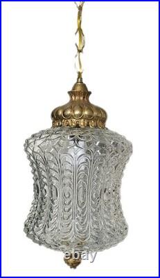 Vintage Hollywood Regency Hanging Swag Lamp Cut Glass Shade Brass Light Fixture