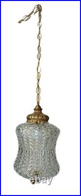 Vintage Hollywood Regency Hanging Swag Lamp Cut Glass Shade Brass Light Fixture