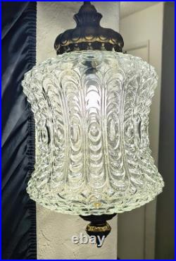 Vintage Hollywood Regency Hanging Swag Lamp Cut Glass Shade Brass Light Fixture