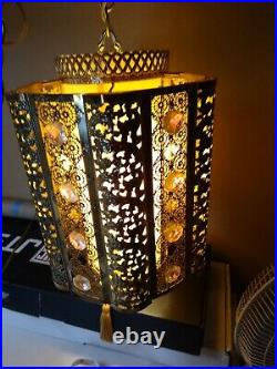 Vintage Hollywood Regency Hanging Swag Lamp Gold metal Filigree 24 Jewels Ornate
