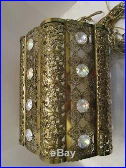 Vintage Hollywood Regency Hanging Swag Lamp Gold metal Filigree 24 Opal Jewels