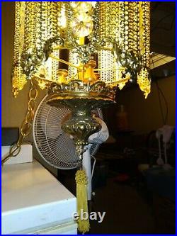 Vintage Hollywood Regency Hanging Swag Lamp Gold metal Filigree 42 Jewels Ornate