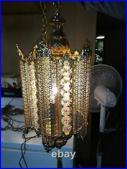 Vintage Hollywood Regency Hanging Swag Lamp Gold metal Filigree 42 Jewels Ornate