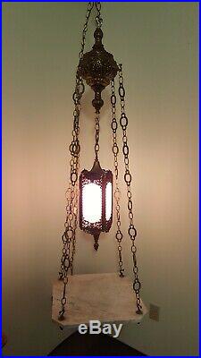 Vintage Hollywood Regency Hanging Table Lamp Pink Slag Glass Marble Top Table
