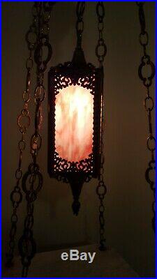 Vintage Hollywood Regency Hanging Table Lamp Pink Slag Glass Marble Top Table