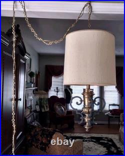 Vintage Hollywood Regency MCM Swag Drum Lamp Pendant Light Black Gold Brass 25