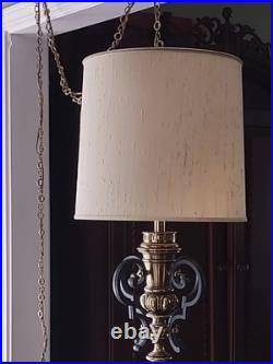 Vintage Hollywood Regency MCM Swag Drum Lamp Pendant Light Black Gold Brass 25