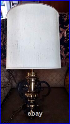 Vintage Hollywood Regency MCM Swag Drum Lamp Pendant Light Black Gold Brass 25