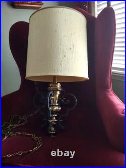 Vintage Hollywood Regency MCM Swag Drum Lamp Pendant Light Black Gold Brass 25