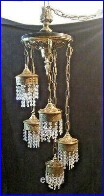 Vintage Hollywood Regency Spanish Tudor Brass Crystal Prism Hanging Lamp