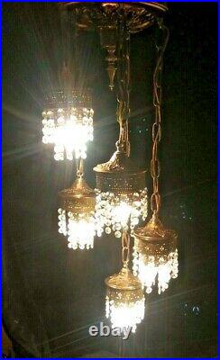 Vintage Hollywood Regency Spanish Tudor Brass Crystal Prism Hanging Lamp