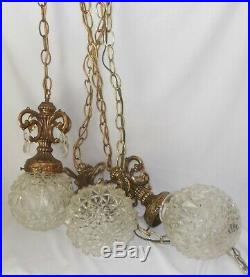 Vintage Hollywood Regency Swag Hanging Lamp (3) Cut Crystal Globes