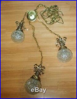 Vintage Hollywood Regency Swag Hanging Lamp (3) Cut Crystal Globes