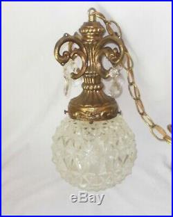 Vintage Hollywood Regency Swag Hanging Lamp (3) Cut Crystal Globes