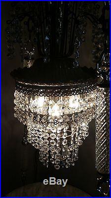 Vintage Hollywood Regency Swag Hanging Lamp Light Crystals Marble Table NICE