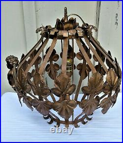 Vintage Hollywood Regency Swag Hanging Light Fixture Lamp Brass Gold Cherub