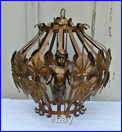 Vintage Hollywood Regency Swag Hanging Light Fixture Lamp Brass Gold Cherub