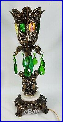 Vintage Hollywood Regency Table Lamp MidCentury Green Hanging Crystal Cherubs
