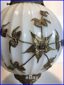 Vintage Hollywood Regency White Gold Flower Swag Glass Globe Hanging Lamp 19.5