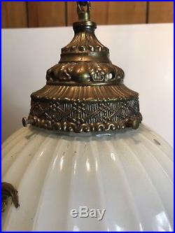 Vintage Hollywood Regency White Gold Flower Swag Glass Globe Hanging Lamp 19.5