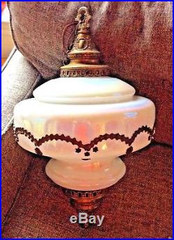 Vintage Hollywood Regency White Iridescent Mid Century Swag Hanging Lamp Light