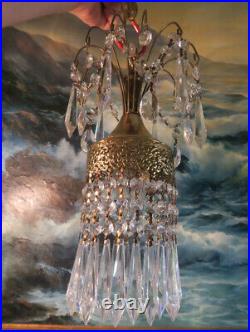 Vintage Hollywood waterfall Fountain Tole brass SWAG lamp crystal chandelier fil