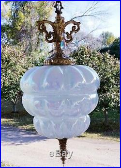 Vintage Holographic Carnival Milk Glass Hanging Swag Lamp 3Way Pull Chain Light