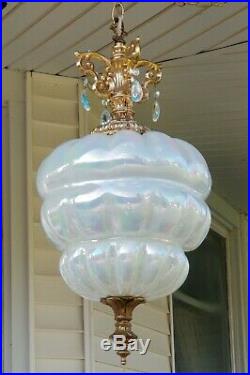 Vintage Holographic Carnival Milk Glass Hanging Swag Lamp 3Way Pull Chain Light