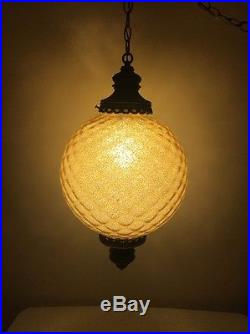 Vintage Huge 37.5 Golden Yellow Swag Hanging Orb Globe Light Ornate Lamp Glass