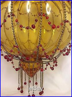 Vintage Hundi Lantern Antique Amber Pumpkin Glass Brass Beaded Hanging Lamp