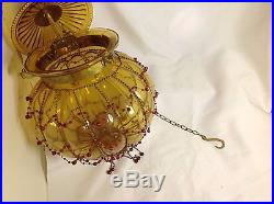 Vintage Hundi Lantern Antique Amber Pumpkin Glass Brass Beaded Hanging Lamp