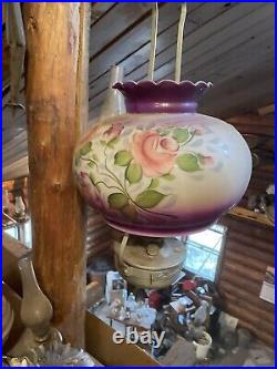 Vintage Hurricane Hanging Ceiling Fixture, Kerosene Oil Lamp, Purple Floral