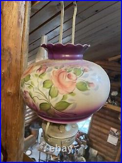 Vintage Hurricane Hanging Ceiling Fixture, Kerosene Oil Lamp, Purple Floral