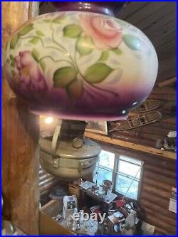 Vintage Hurricane Hanging Ceiling Fixture, Kerosene Oil Lamp, Purple Floral